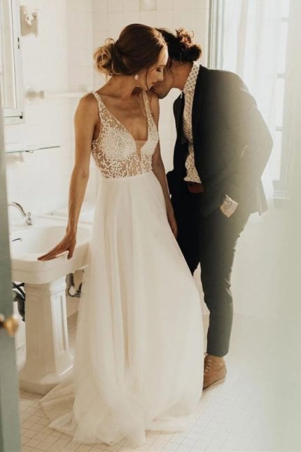 Beading Long Tulle Beach A Line Deep V Neck Wedding Dress Simple and Elegant