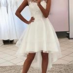 High Low A-line Lace Bateau Sleeves Wedding Dress Simple and Elegant