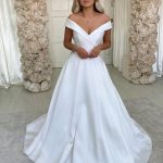 Long A-line off-the-shoulder Satin Wedding Dress Simple and Elegant