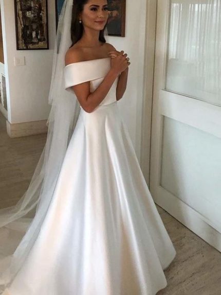 Long A Line Satin Off The Shoulder Wedding Dresses Simple and Graceful