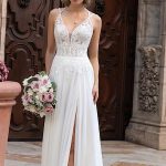 Long A-line V-neck Chiffon Lace Wedding dress with slit Simple and Alluring