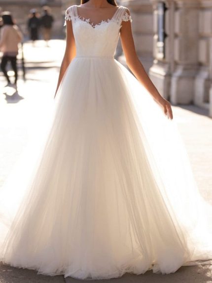 Long A-Line V Neck Tulle Backless Wedding Dresses with Cap Sleeves Simple and Glamorous