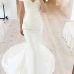 Long Mermaid Off the Shoulder Chiffon Satin Wedding Dresses Simple and Elegant
