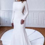 Long Sheath Satin Illusion Lace Back Wedding Dress with Sleeves Simple and Elegant
