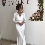 Shining White V neck Mermaid Pearl Belt Court Train Open back Bridal Gown Simple and Glamorous