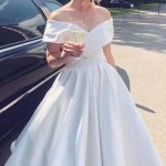 Short A-line Satin Off the shoulder Wedding Dress Simple and Charming