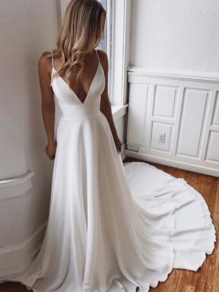 Spaghetti-Strap V-Neck Sweep Train Ruffles Wedding Dresses Simple and Romantic