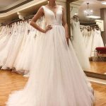 V Neck Open Back White Tulle Long Prom Dresses V Neck White Wedding Dresses White Formal Evening Dresses Simple and Elegant