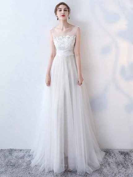 Wedding Dress A Line Jewel Neck Sleeveless Bows Lace Tulle Bridal Dresses Simple and Elegant