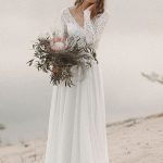 Wedding Dress A Line V Neck Long Sleeve Floor Length Chiffon Lace Beach Wedding Dresses Simple and Delicate