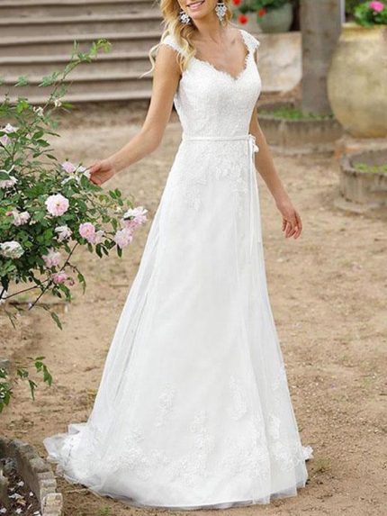 Sophisticated A-Line Bridal Gowns with V-Neckline and Sash in Floor Length