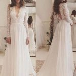 Lace A-Line Bridal Dresses with V-Neckline Long Sleeves and Chiffon Fabric