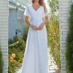 Long Bridal Gowns in A-Line Style with V-Neckline Short Sleeves and Backless Design