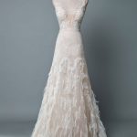 Feather Bridal Gowns with A-Line Silhouette V-Neckline and Beaded Sleeveless Design
