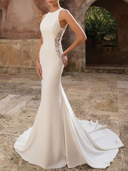 Lace Mermaid Bridal Dresses with Jewel Neckline and Sleeveless Design in Lycra Spandex