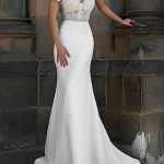 Beaded Sash Bridal Dresses with Lace Details Mermaid Silhouette and Short Sleeves in V-Neckline
