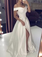Off-The-Shoulder A-Line Bridal Dresses with Sleeveless Design Split Front and Satin Fabric