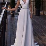 Satin Fabric A-Line Bridal Gowns with V-Neckline Sleeveless Design and Sash in Floor Length