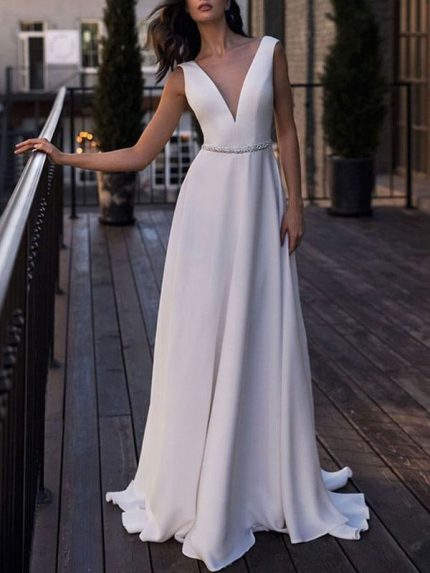 Satin Fabric A-Line Bridal Gowns with V-Neckline Sleeveless Design and Sash in Floor Length