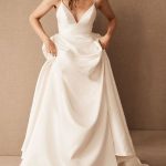 A-Line Bridal Gowns with Satin Fabric V-Neckline Sleeveless Design and Pockets