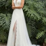 Split Front A-Line Bridal Gowns with Jewel Neckline and Sleeveless Design in Lycra Spandex