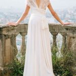 Lace Bridal Dresses with Sheath Silhouette V-Neckline Sleeveless Design and Pleated Floor Length with Train