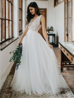Lace Floor Length Bridal Dresses with A-Line Silhouette V-Neckline and Sleeveless Design - Image 2