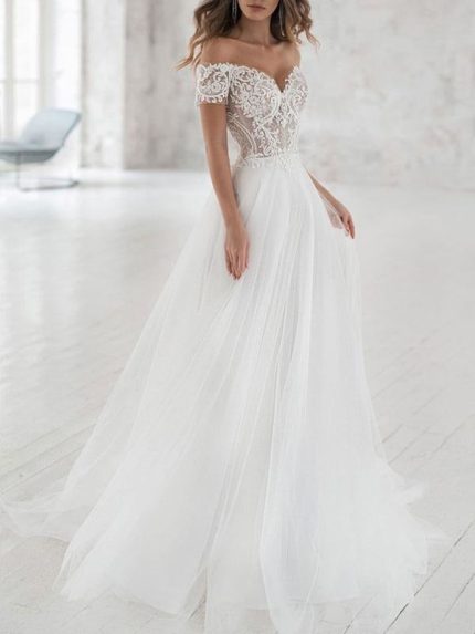Off-The-Shoulder Lace A-Line Bridal Gowns with Short Sleeves in Tulle Fabric