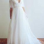V-Neckline Bridal Dresses with Half Sleeves and Pleated A-Line Silhouette in Floor Length