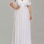 Plus Size Bridal Gowns with V-Neckline Short Sleeves A-Line Silhouette and Chiffon Sash with Sweep Train