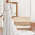 Chiffon Halter Bridal Dresses with Long Sleeves Lace Details and A-Line Silhouette with Train