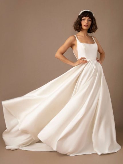 Satin Fabric Strapless A-Line Bridal Gown with Pockets
