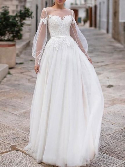 Illusion Neck Long Sleeve Lace Applique Boho Wedding Gown