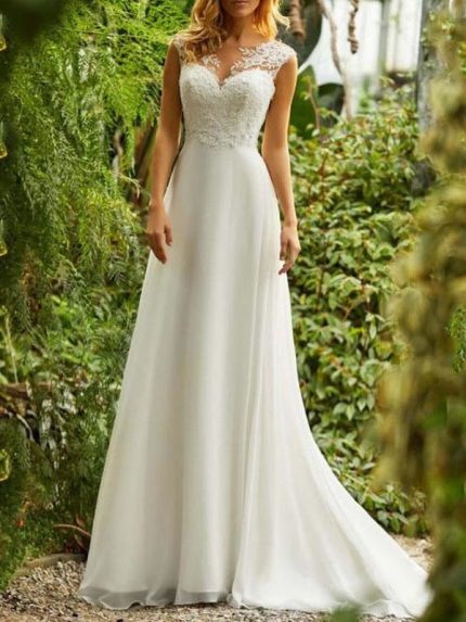 Chiffon V-Neck Sleeveless Lace Beaded Bridal Gown with Train