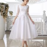 Short Lace Applique Illusion Half Sleeve Tea Length Bridal Dress