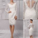 Short Long Sleeve Illusion Neckline Knee Length Sheath Bridal Dress