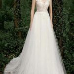 A-Line V-Neck Short Sleeves Beaded Floor Length Tulle Bridal Dress