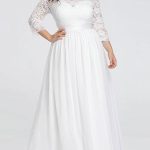 Lace Chiffon Floor Length Bridal Gown with 3/4 Length Sleeves Sash and Jewel Neck for Plus Size