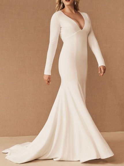 Long Sleeves V-Neck Mermaid Wedding Party Dress