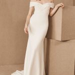 Satin Off-The-Shoulder Pleated Floor Length Chapel Train Bridal Dress
