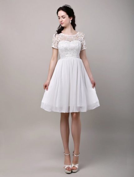 Short Sleeves Lace Bodice Chiffon Reception Bridal Dress