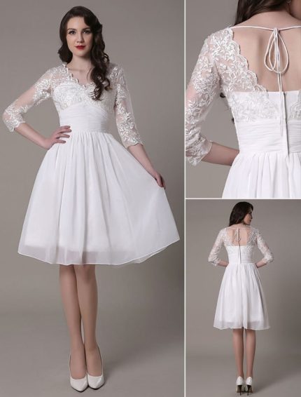 Chiffon V-Neck Lace A-Line Pleated Bridal Dress