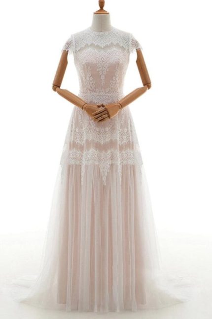 Cap Sleeve Lace Tulle A-Line Wedding Dress with Sleek Design