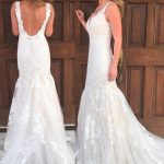 Sleeveless Ivory Lace Tulle Sheath Wedding Dress with U Back and Sweep Train