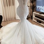 Beads Appliques Mermaid Wedding Dress with Sheer Tulle V-Neckline