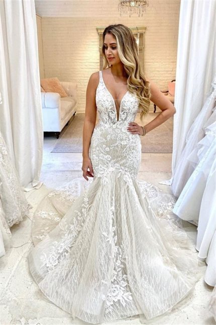 Deep V-Neck Mermaid Summer Bridal Gown without Sleeves