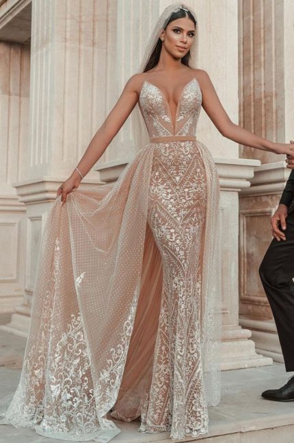 Floral Lace Mermaid Wedding Dress with Detachable Train