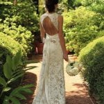 Sleeveless Champagne Lace Column Wedding Dress with Keyhole Sweep Sash