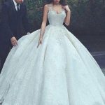 Sleeveless Ball Gown Lace Bridal Dress with Straps and V Neck