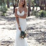 Lace Beach Backless V Neck Long Wedding Dress with Spaghetti Straps and Sweep Train